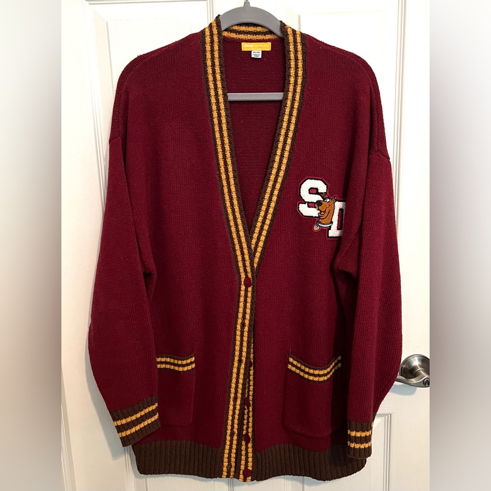 Unique Vintage x Scooby Doo Long 70's Cardigan Burgundy Yellow